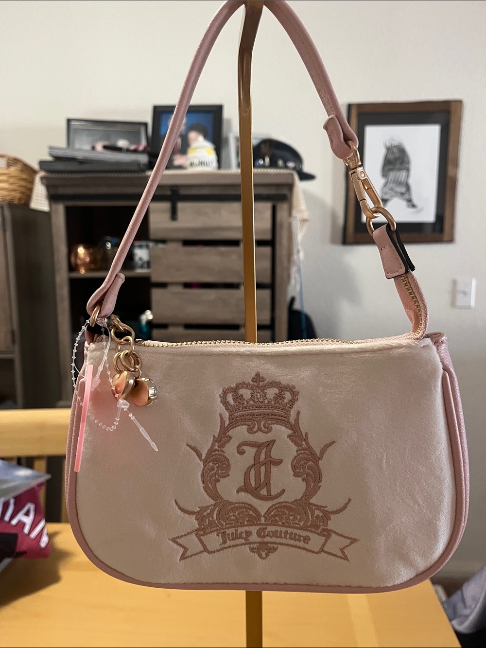 Juicy Couture Blush Pink Velvet Crest Shoulder Bag